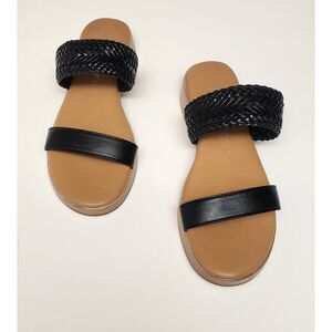 London Fog Trixey Woven Traps Platform Faux Leather Black Sandals Shoes Size 8.5